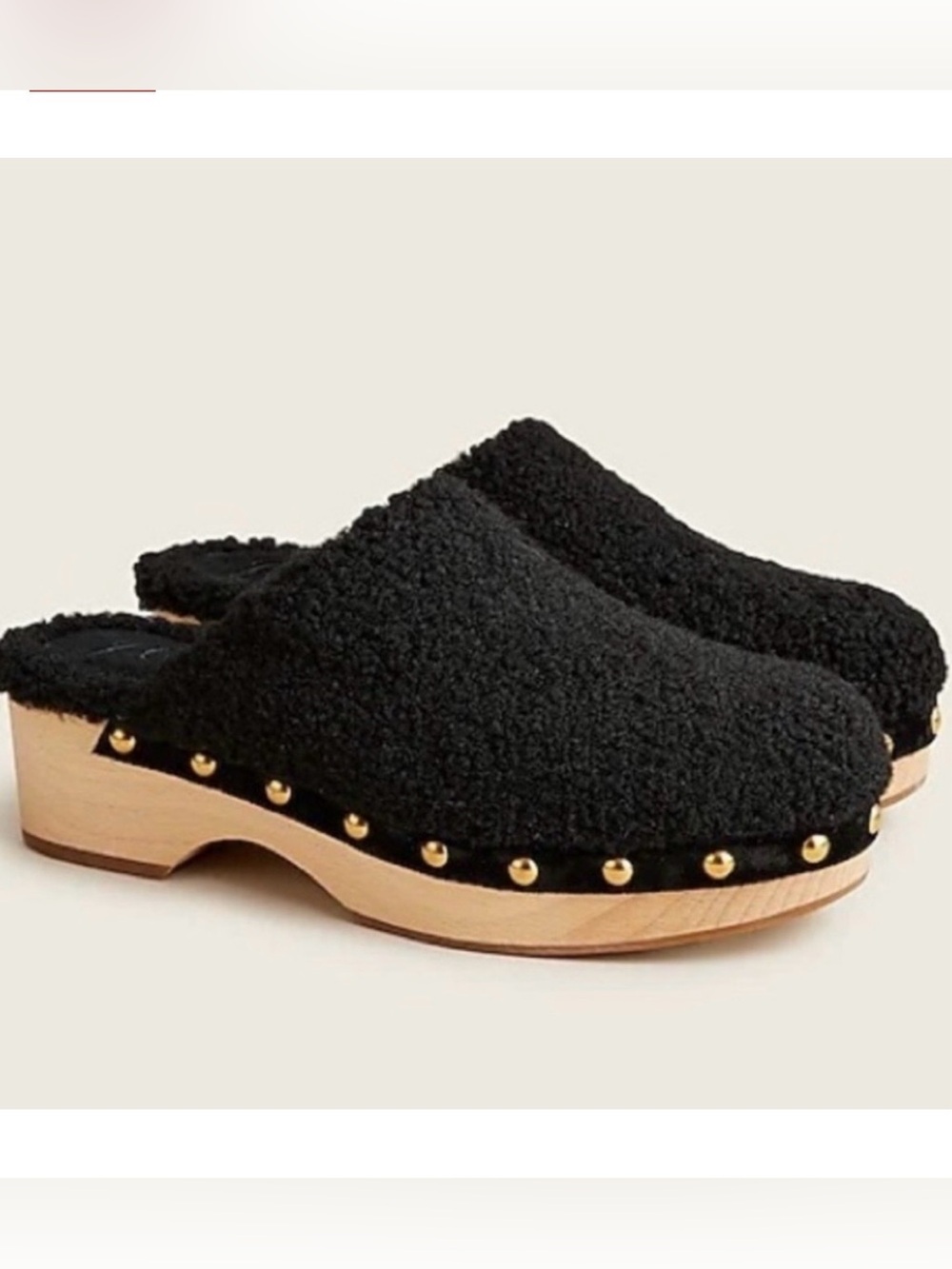 J.Crew Black Sherpa Platform Clogs Studded Wood Heel Mules Size 8.5